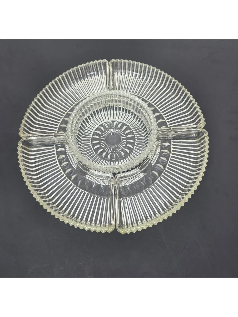 Vintage MCM Kromex Clear Ribbed Glass Lazy Susan Relish Serving Tray Trays Set